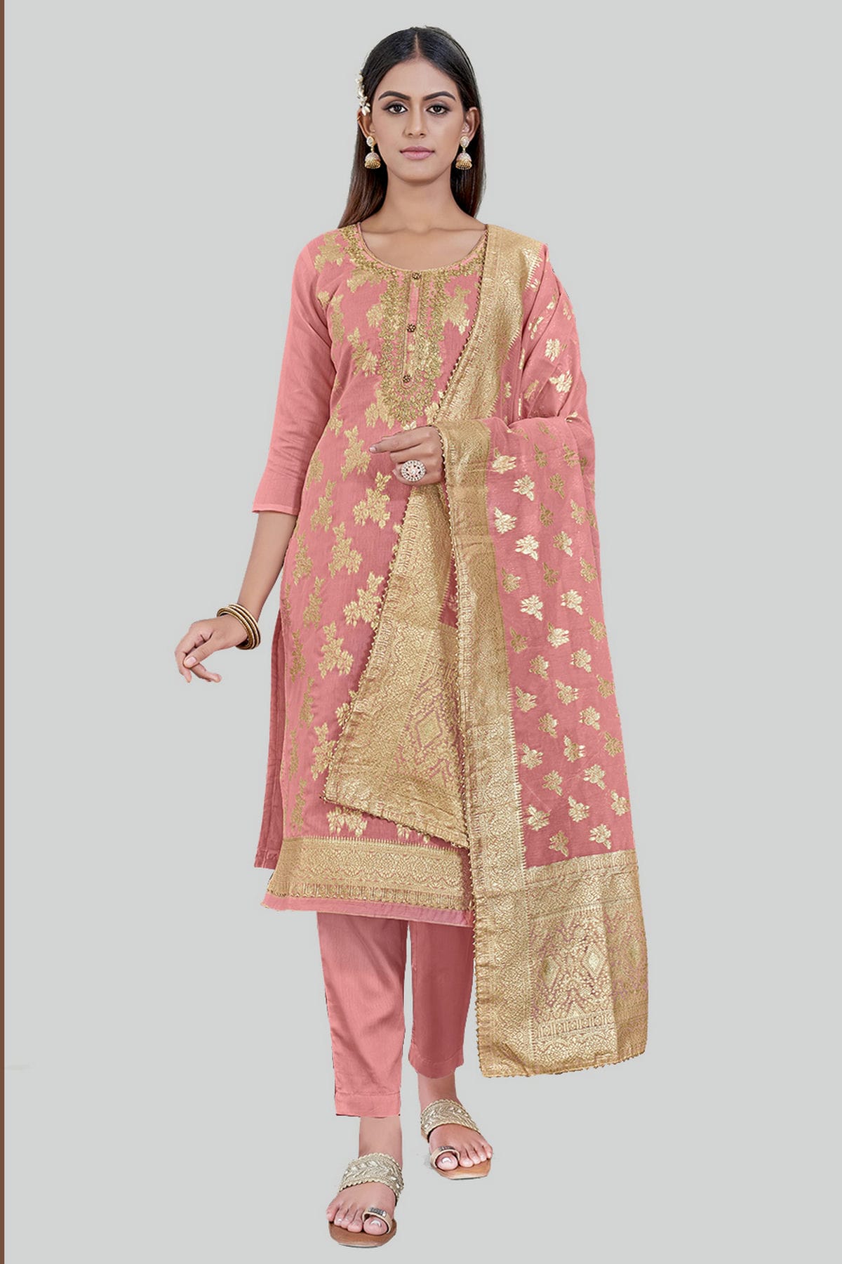 Peach Colour Chanderi Silk Pant Style Suit