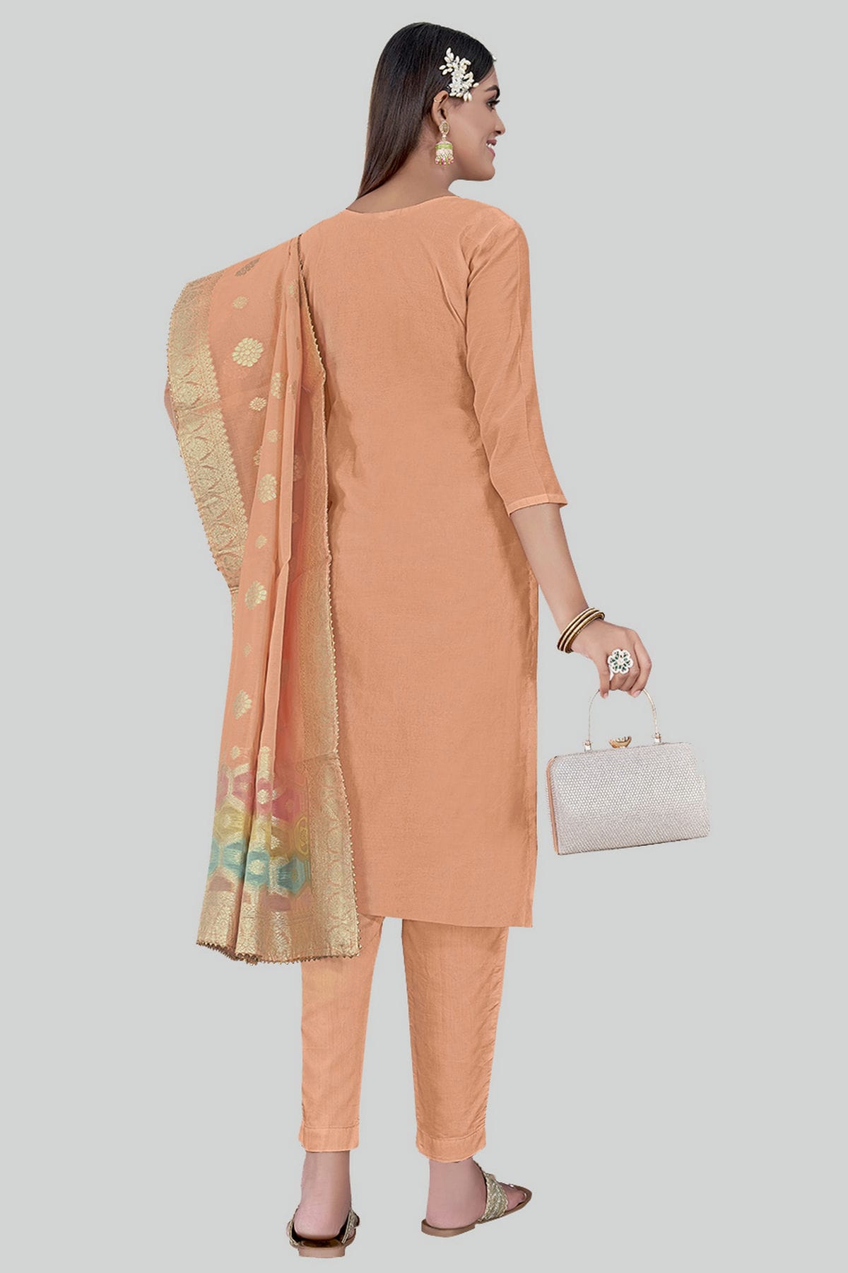 Peach Colour Chanderi Silk Pant Style Suit