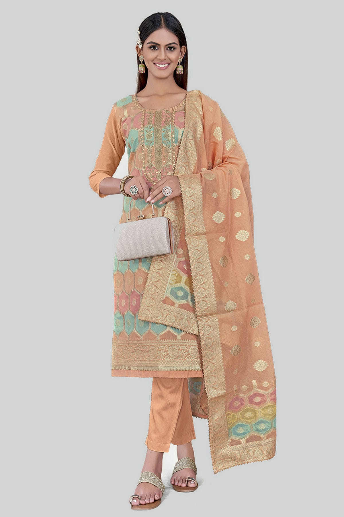 Peach Colour Chanderi Silk Pant Style Suit