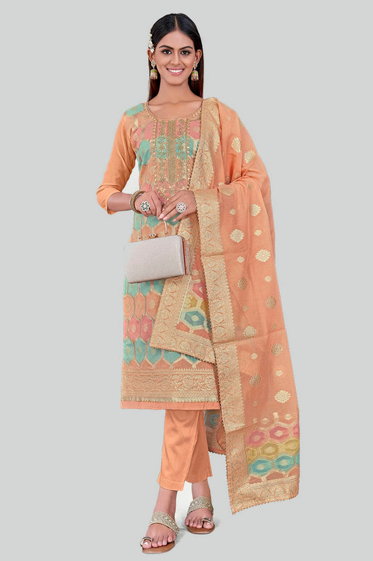 Peach Colour Chanderi Silk Pant Style Suit