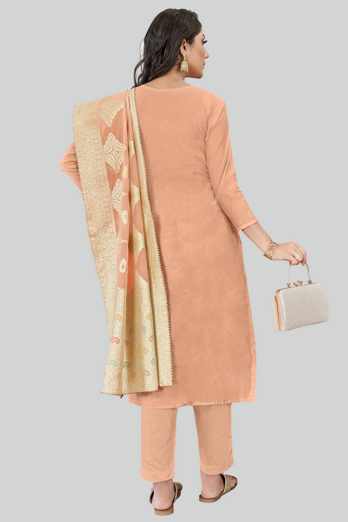 Peach Colour Chanderi Silk Pant Style Suit