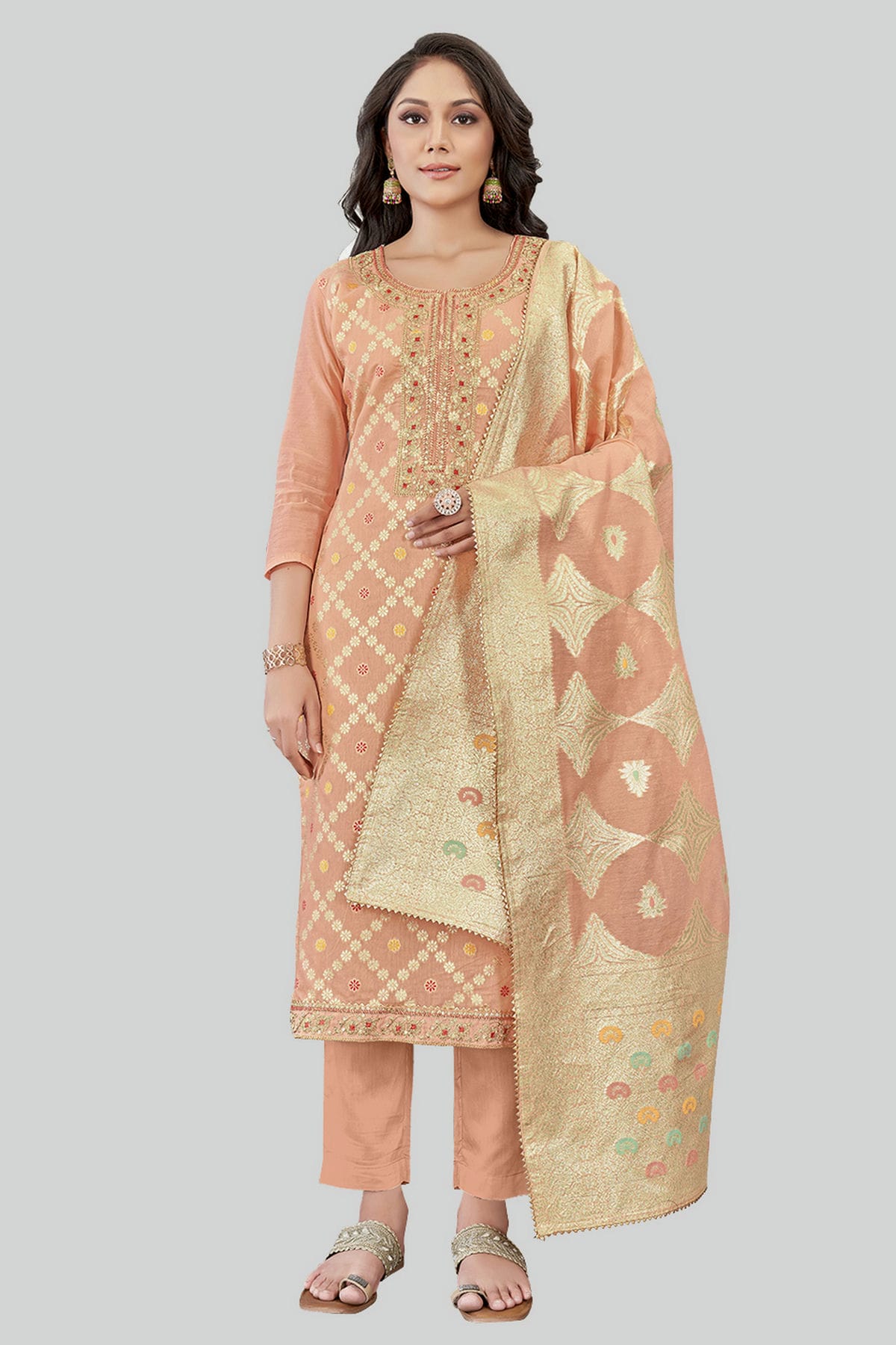 Peach Colour Chanderi Silk Pant Style Suit