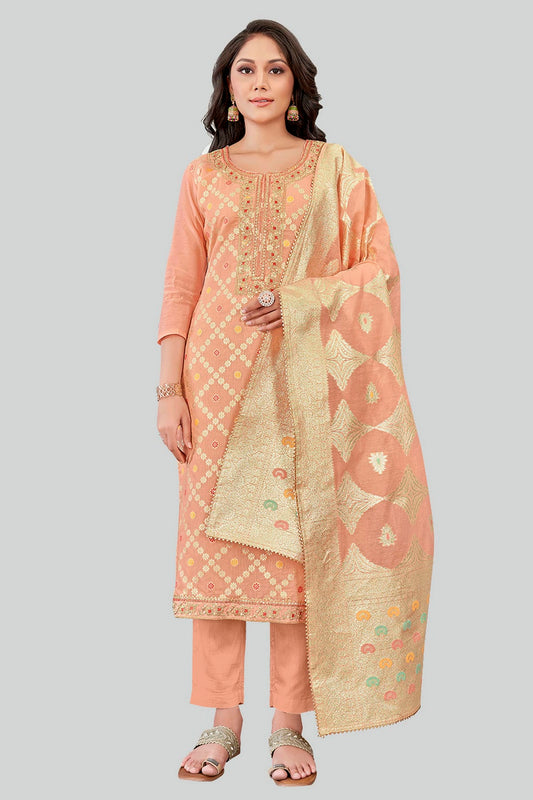 Peach Colour Chanderi Silk Pant Style Suit