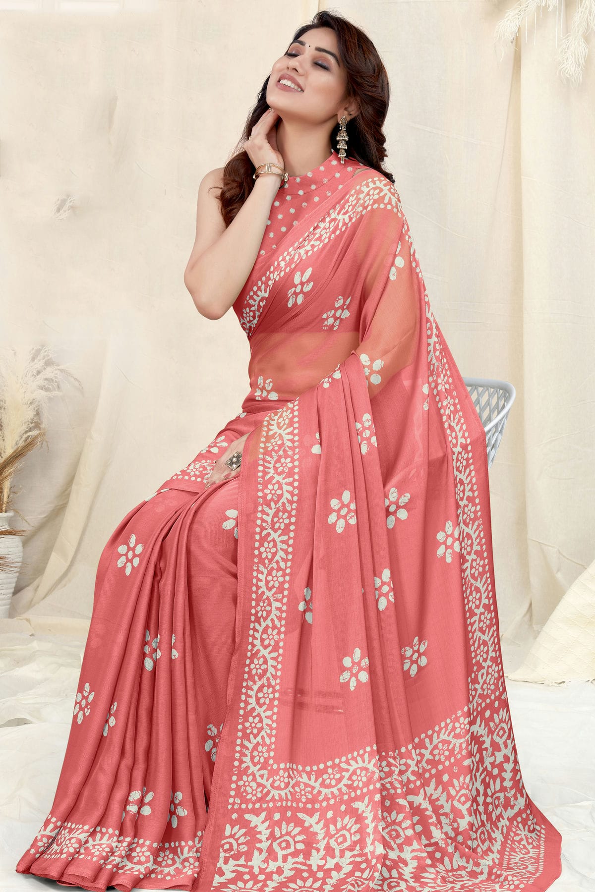 Peach Colour Chinon Chiffon Printed Saree