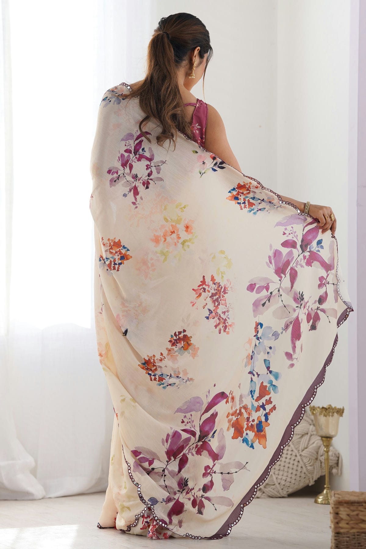 Peach Colour Chinon Printed Saree