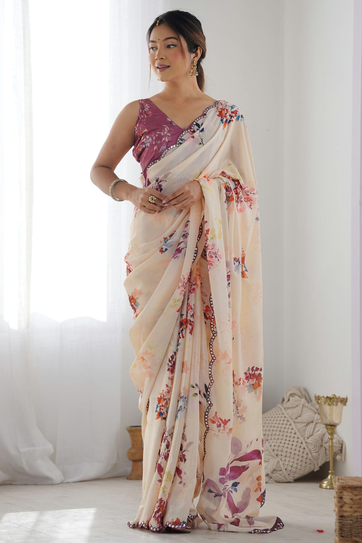 Peach Colour Chinon Printed Saree