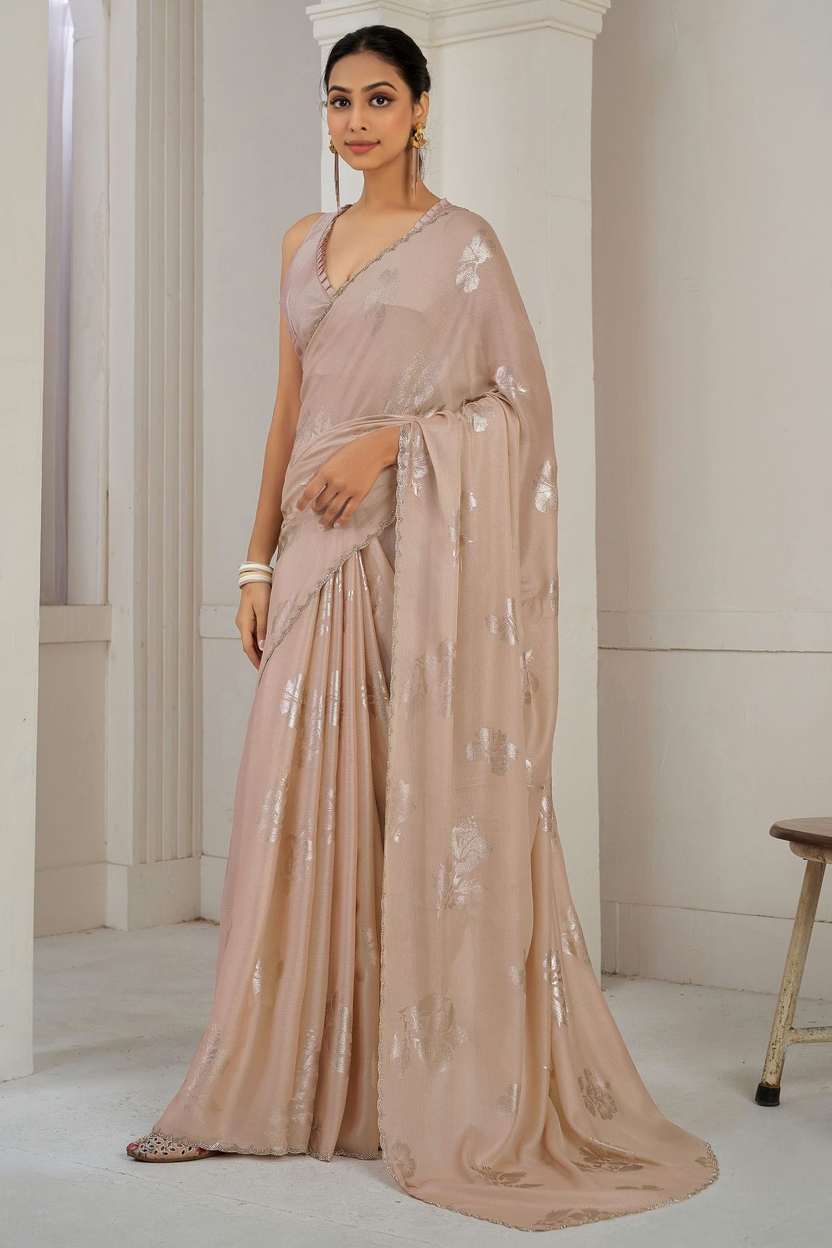 Peach Colour Chinon Silk Designer Saree