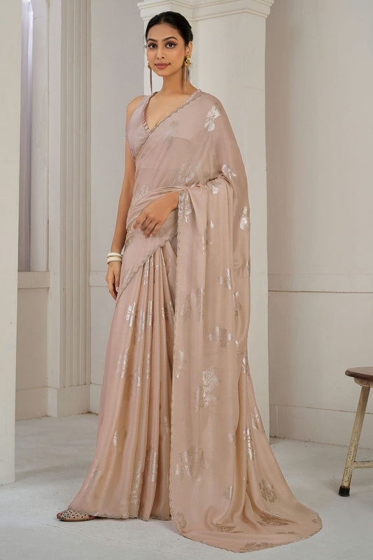 Peach Colour Chinon Silk Designer Saree