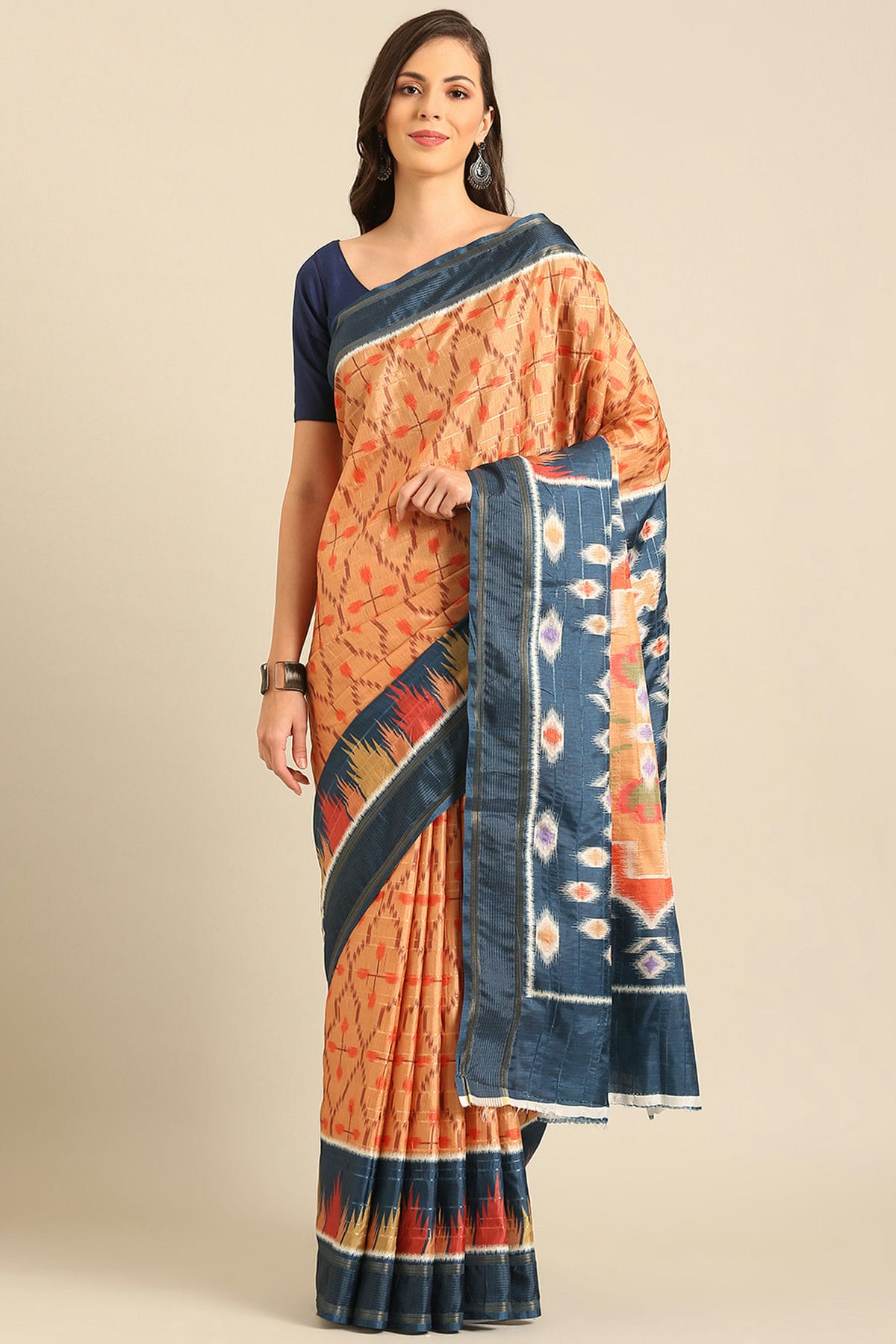 Peach Colour Cotton Manipuri Patola Handloom Saree