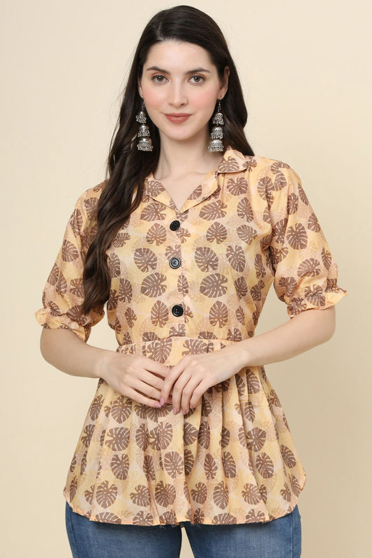 Peach Colour Cotton Printed Work Readymade Top