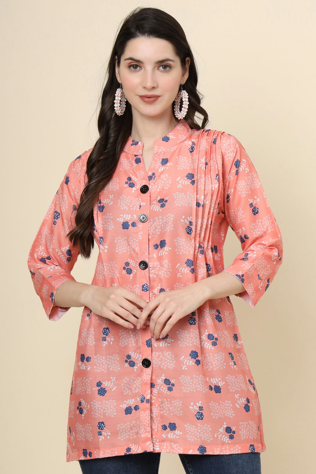 Peach Colour Cotton Printed Work Readymade Top