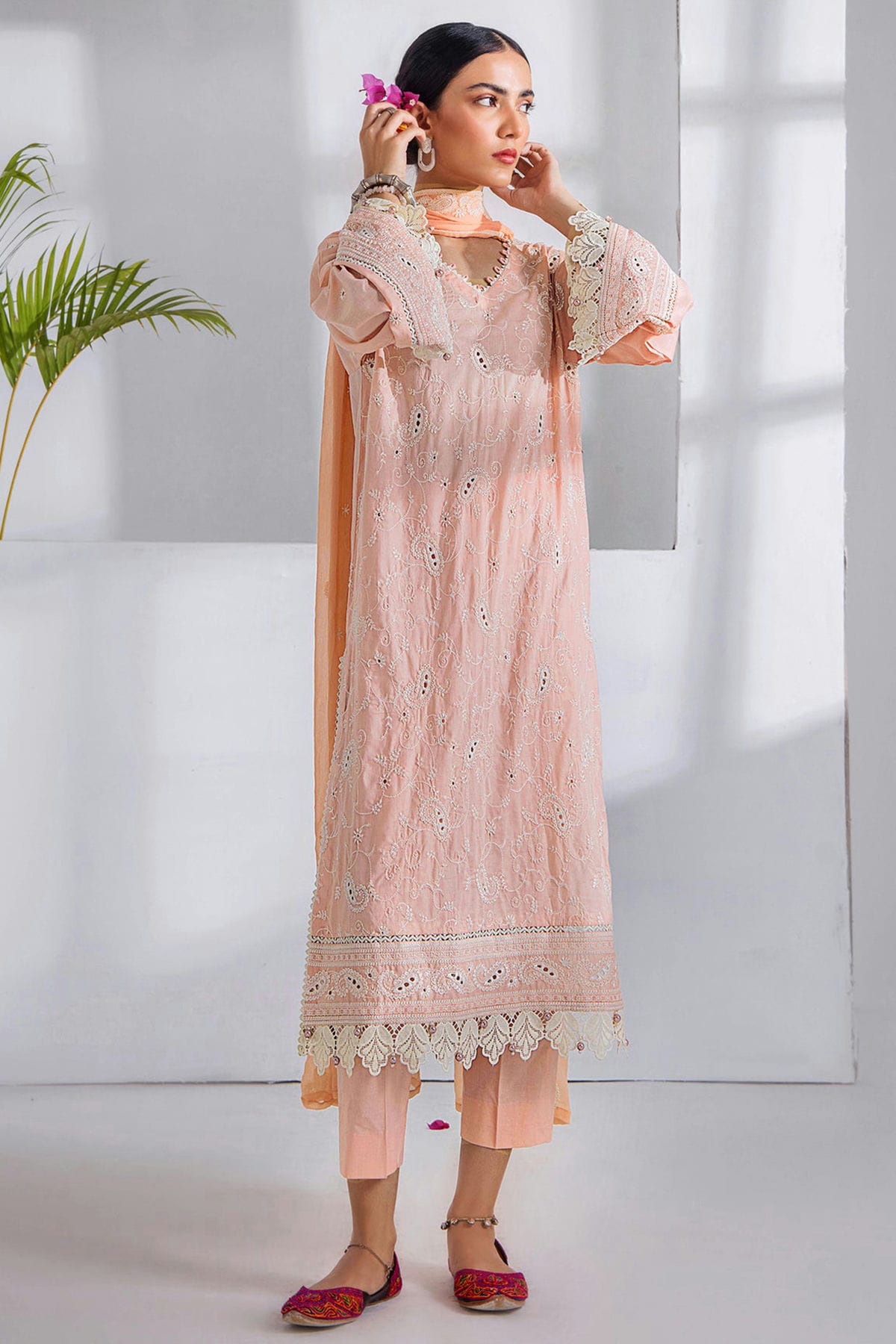 Peach Colour Cotton Semi Stitched Pakistani Suit