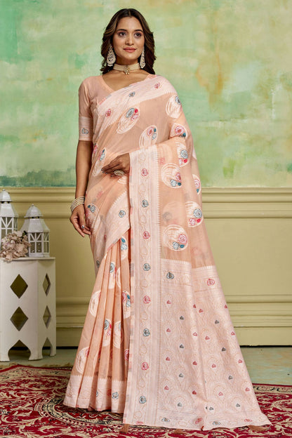 Peach Colour Cotton Traditional Saree