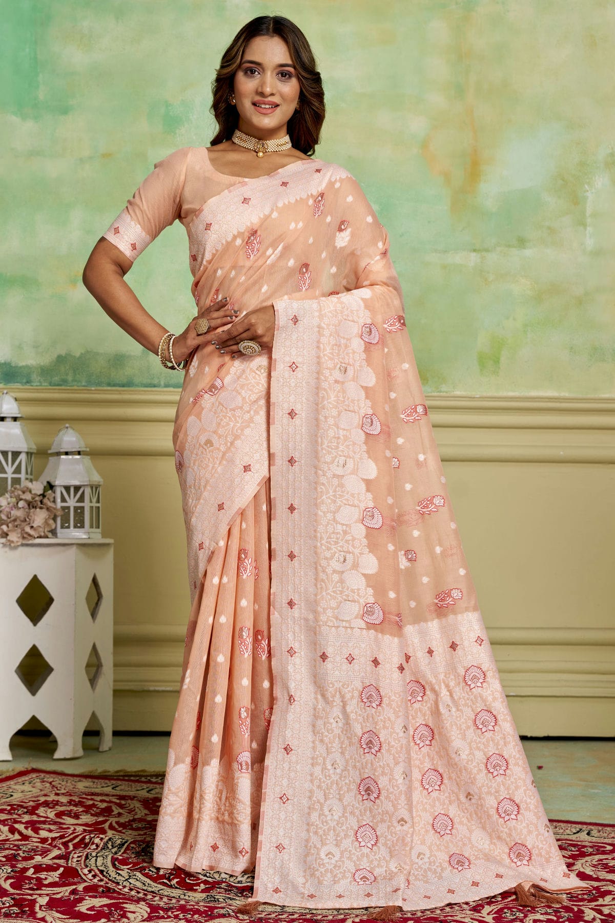 Peach Colour Cotton Traditional Saree