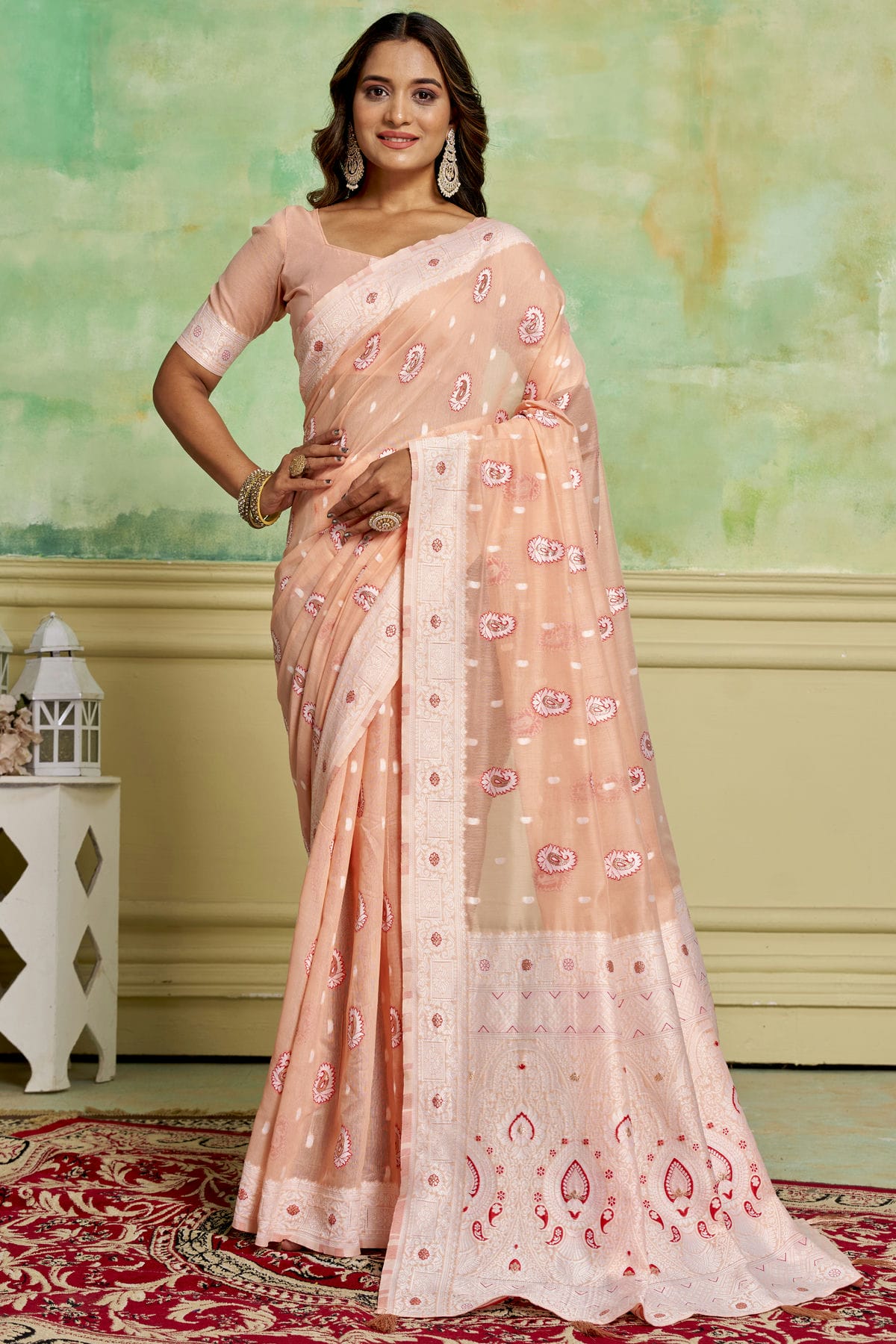 Peach Colour Cotton Traditional Saree