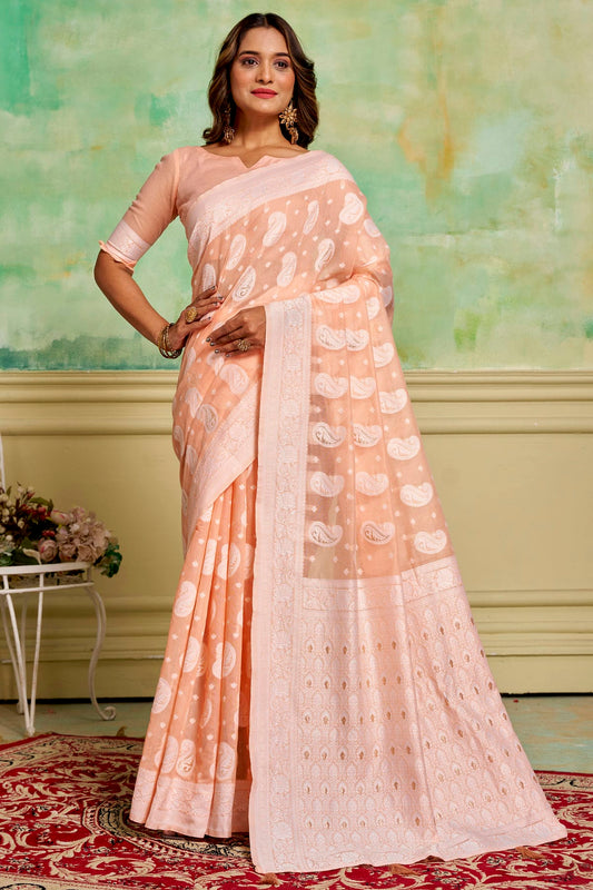 Peach Colour Cotton Traditional Saree