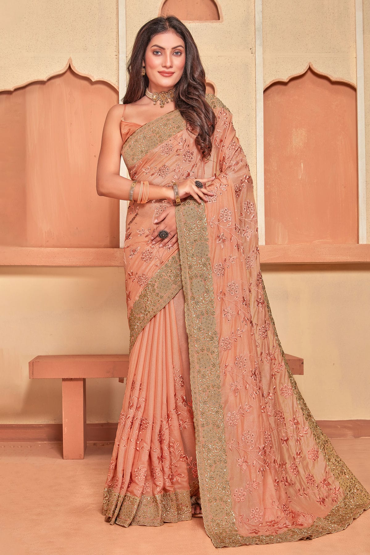 Peach Colour Crepe Silk Designer Saree