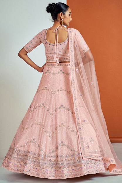 Peach Colour Embroidery Georgette Lehenga Choli VSLD1080675