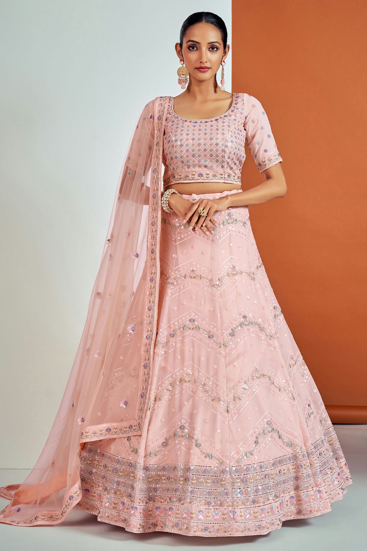 Peach Colour Embroidery Georgette Lehenga Choli