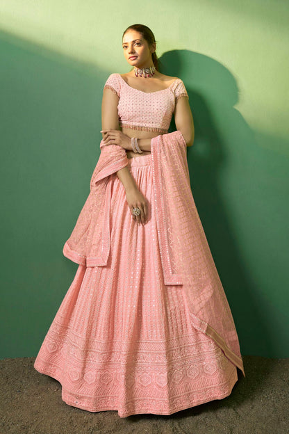 Peach Colour Embroidery Georgette Lehenga Choli