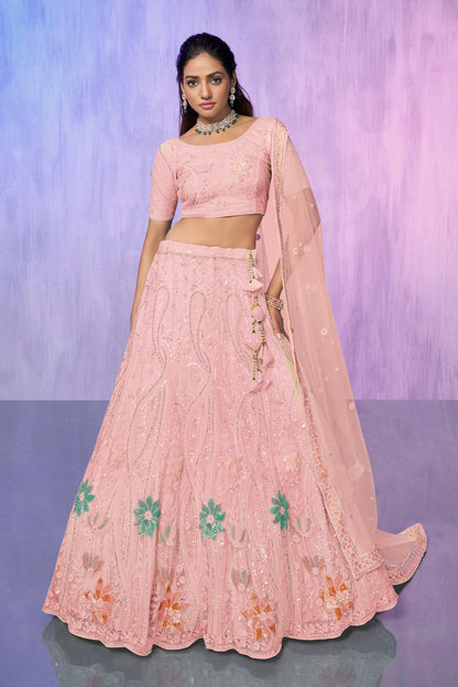 Peach Colour Embroidery Net Lehenga Choli