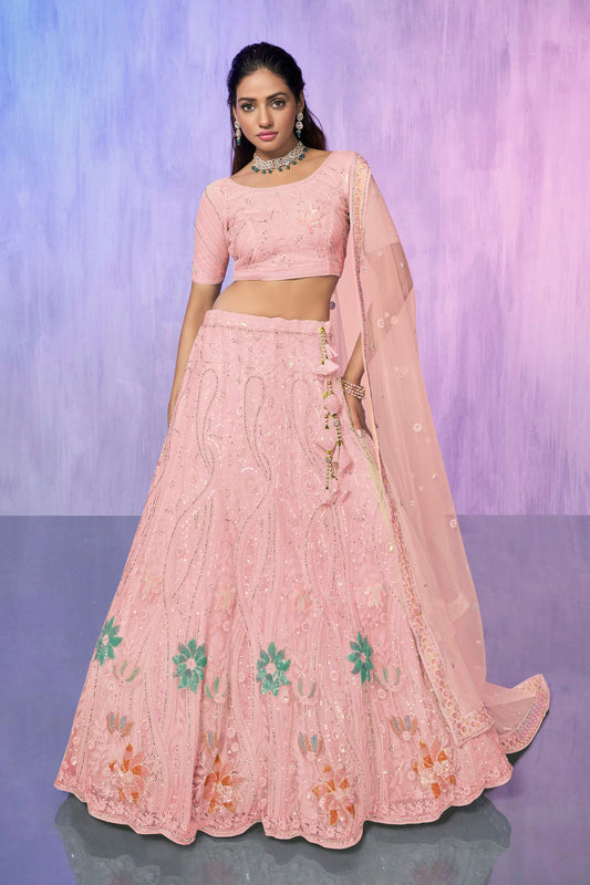 Peach Colour Embroidery Net Lehenga Choli