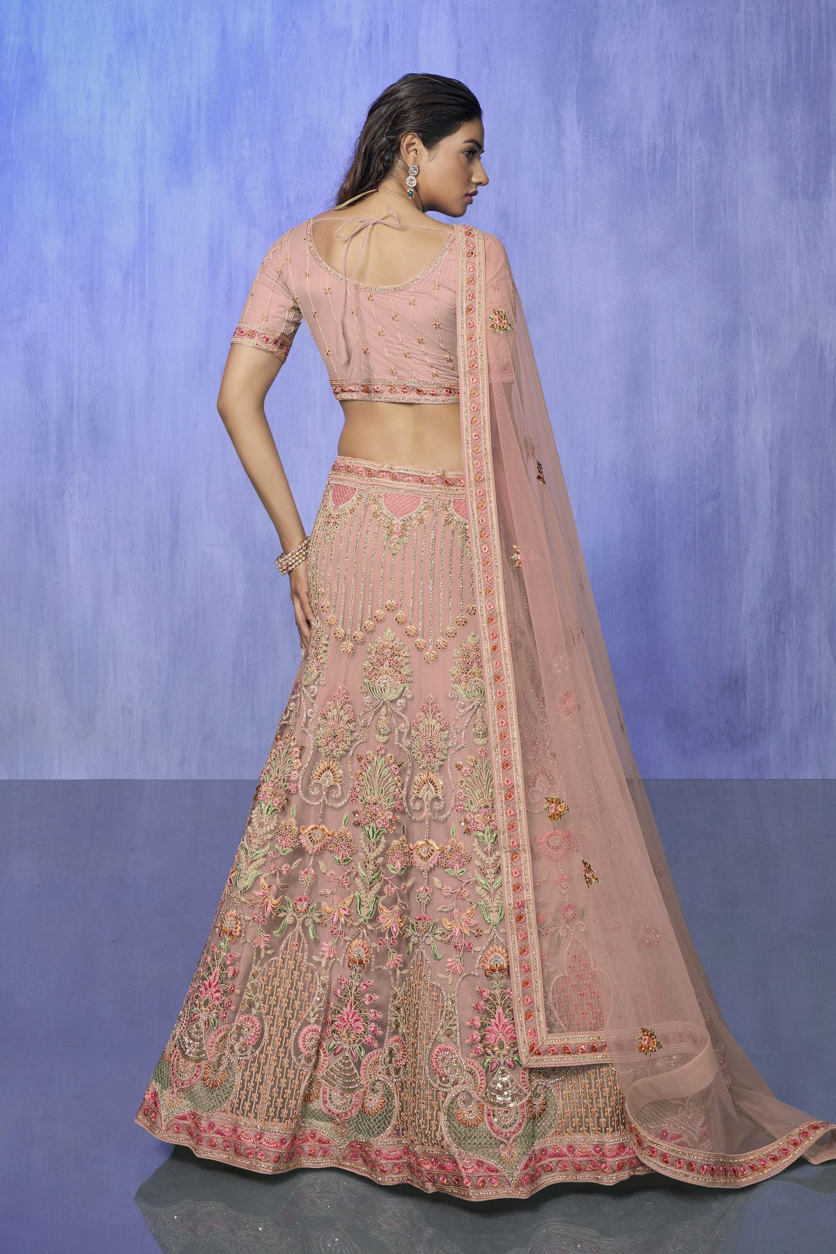 Peach Colour Embroidery Net Lehenga Choli