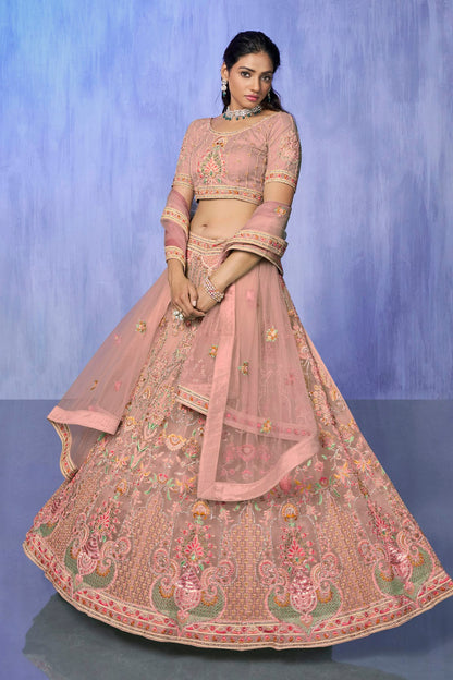 Peach Colour Embroidery Net Lehenga Choli