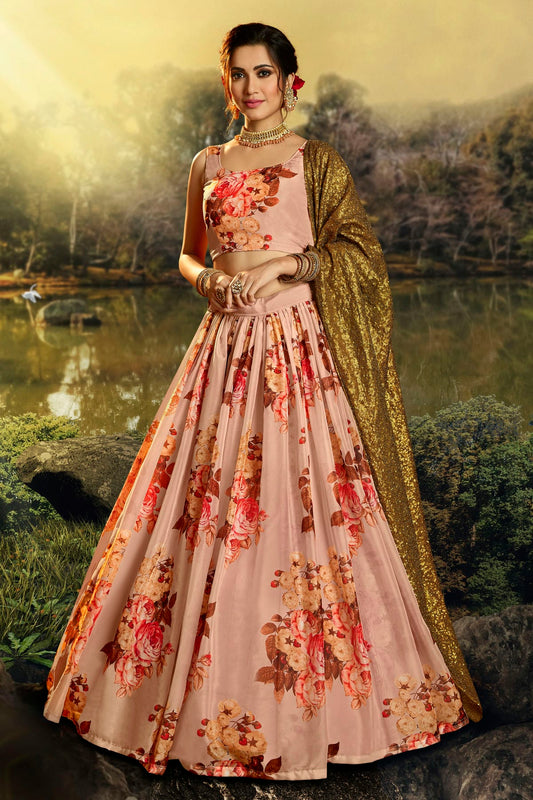 Peach Colour Embroidery Organza Lehenga Choli