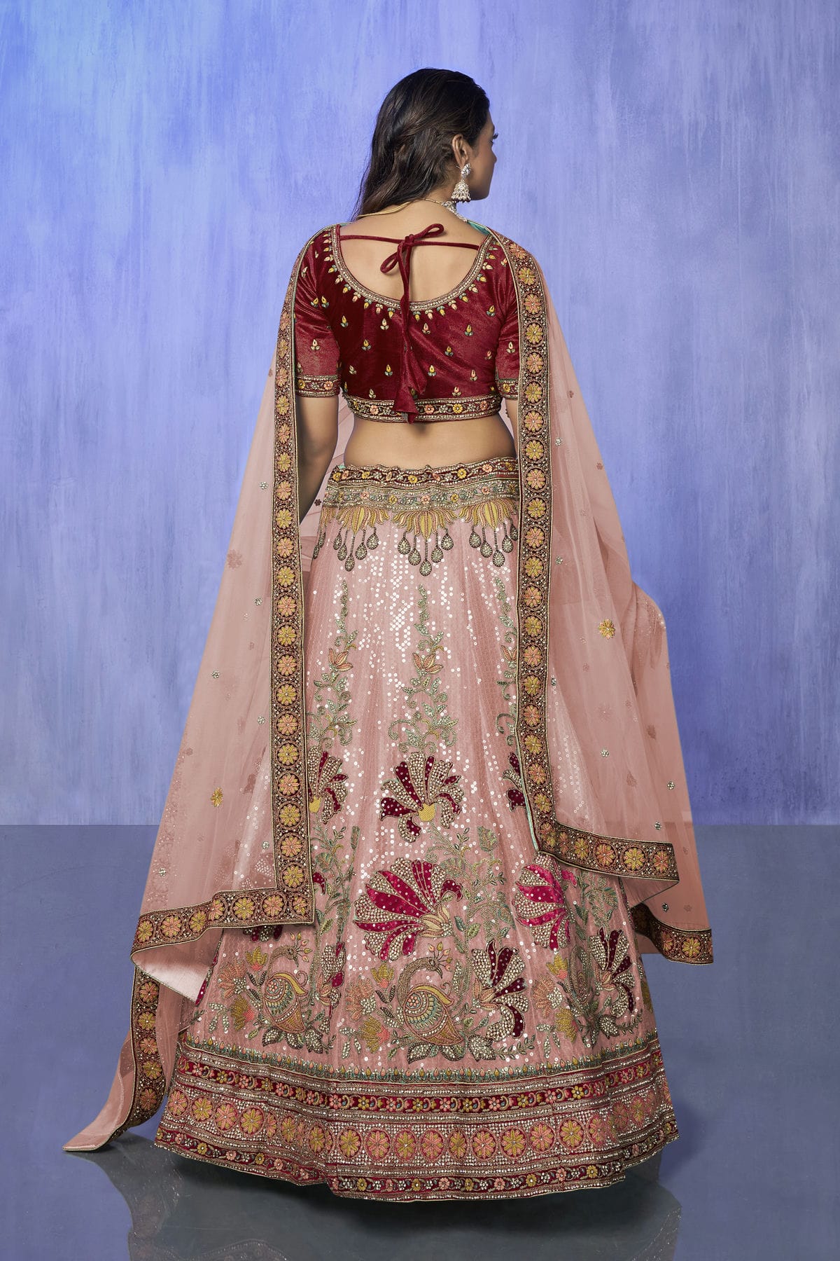 Peach Colour Embroidery Velvet Lehenga Choli