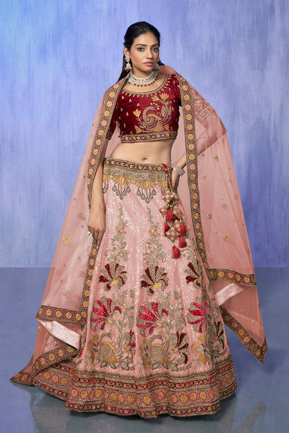 Peach Colour Embroidery Velvet Lehenga Choli