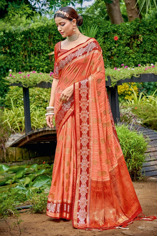 Peach Colour Embroidery Work Banarasi Silk Saree