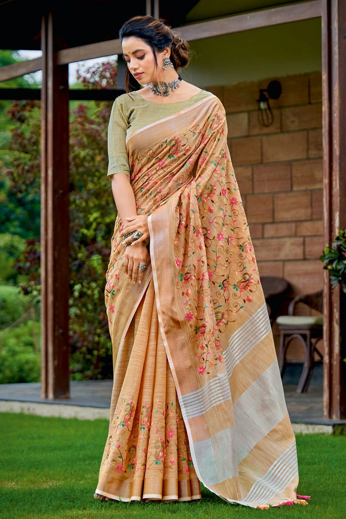 Peach Colour Embroidery Work Linen Saree