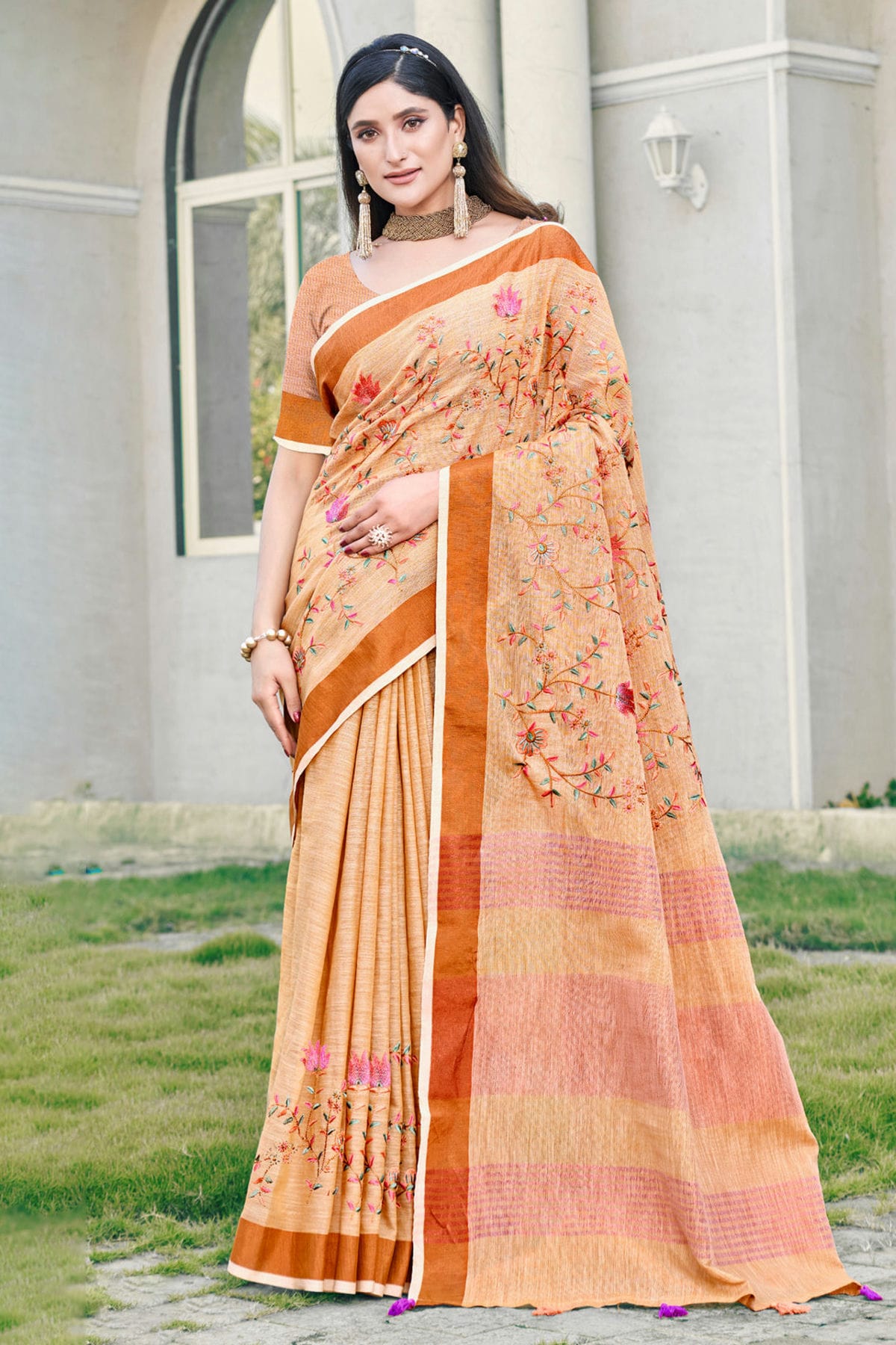 Peach Colour Embroidery Work Linen Saree