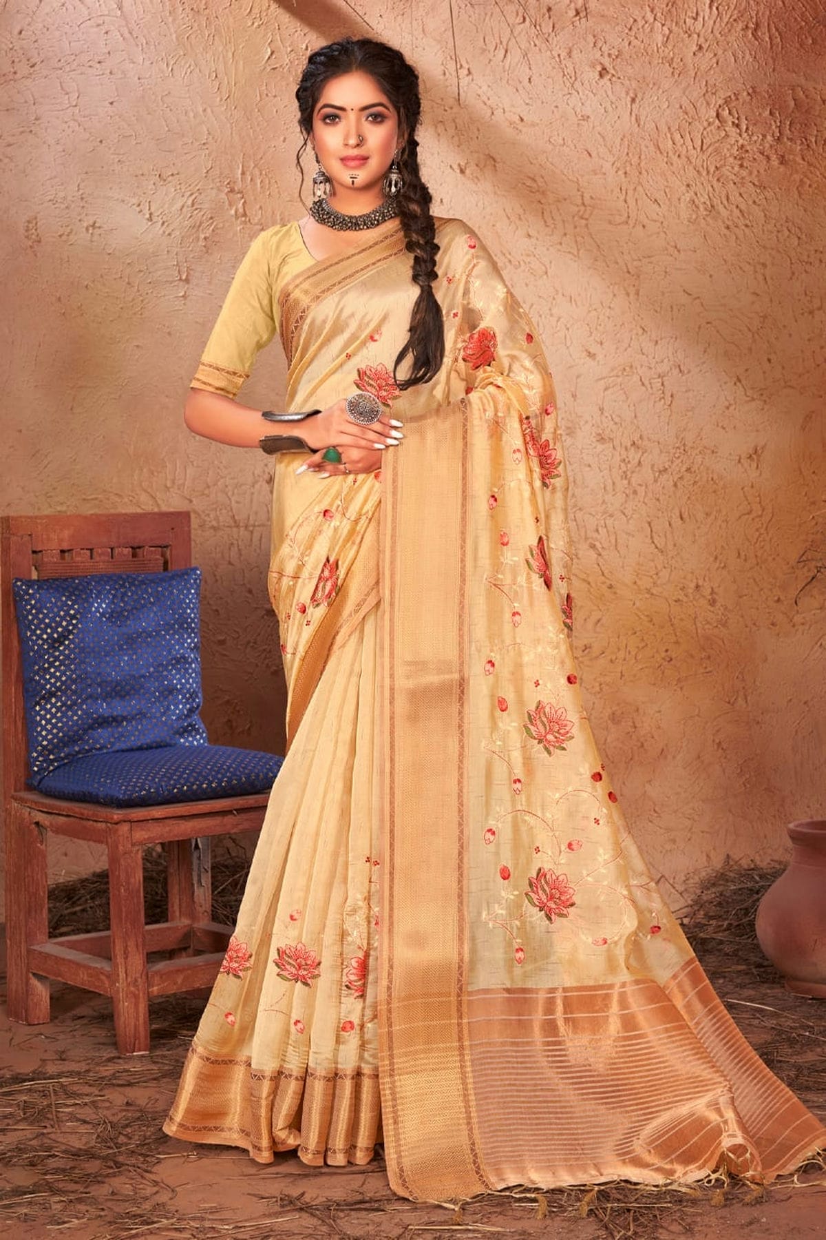 Peach Colour Embroidery Work Organza Saree