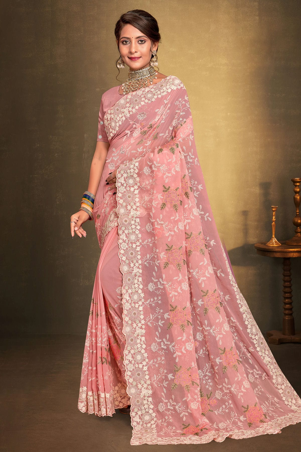 Peach Colour Georgette Designer Saree