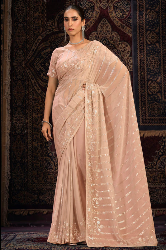 Peach Colour Georgette Designer Saree