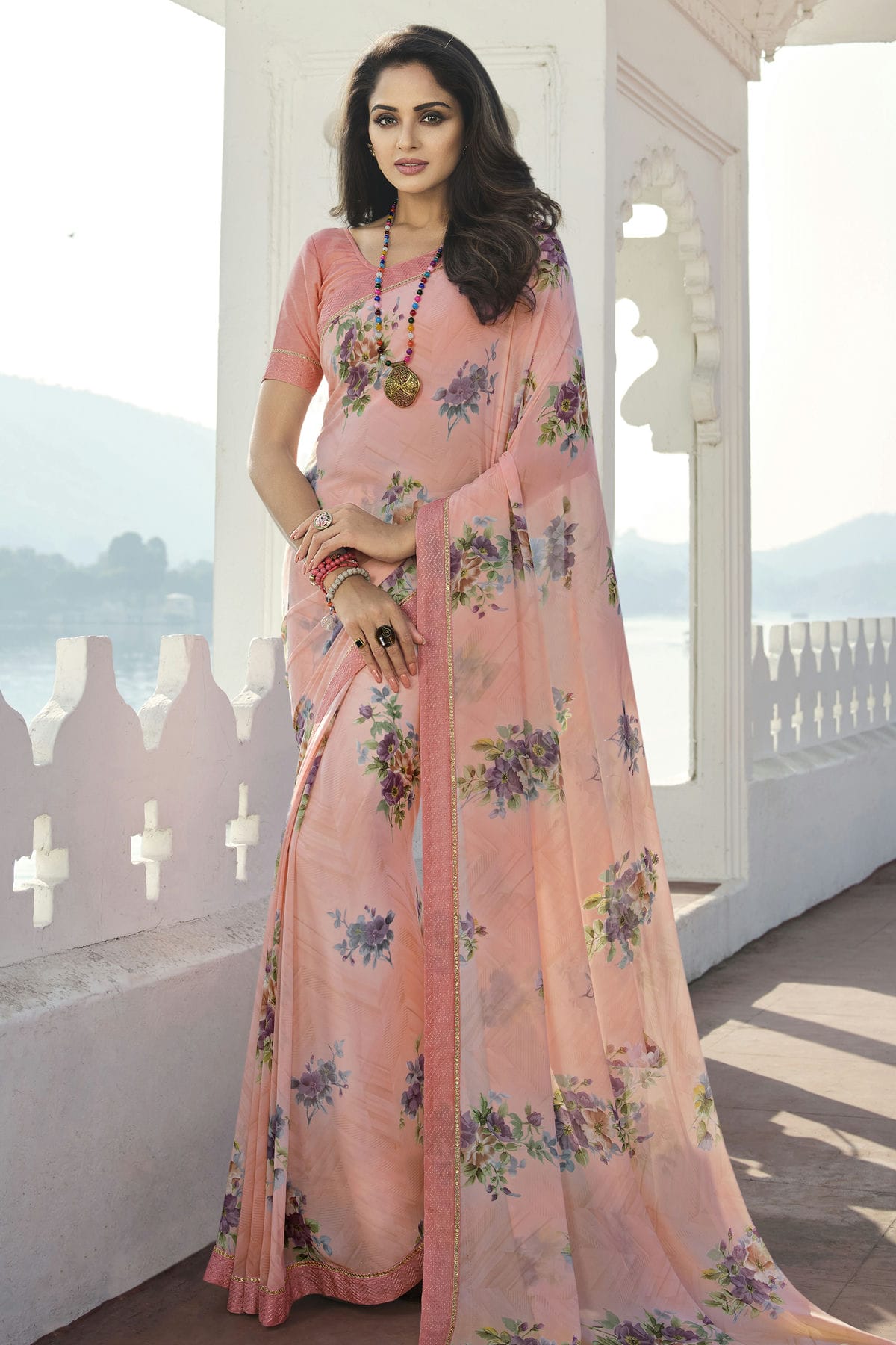 Peach Colour Georgette Printed Saree