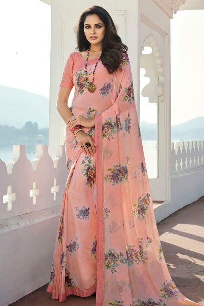 Peach Colour Georgette Printed Saree