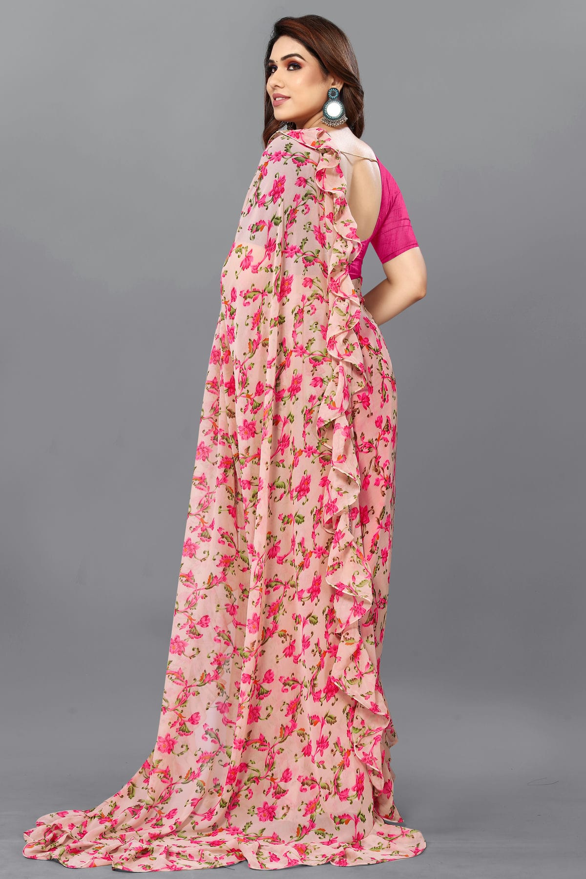 Peach Colour Georgette Ruffle Saree