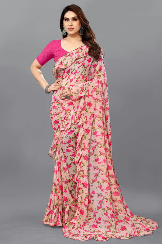 Peach Colour Georgette Ruffle Saree