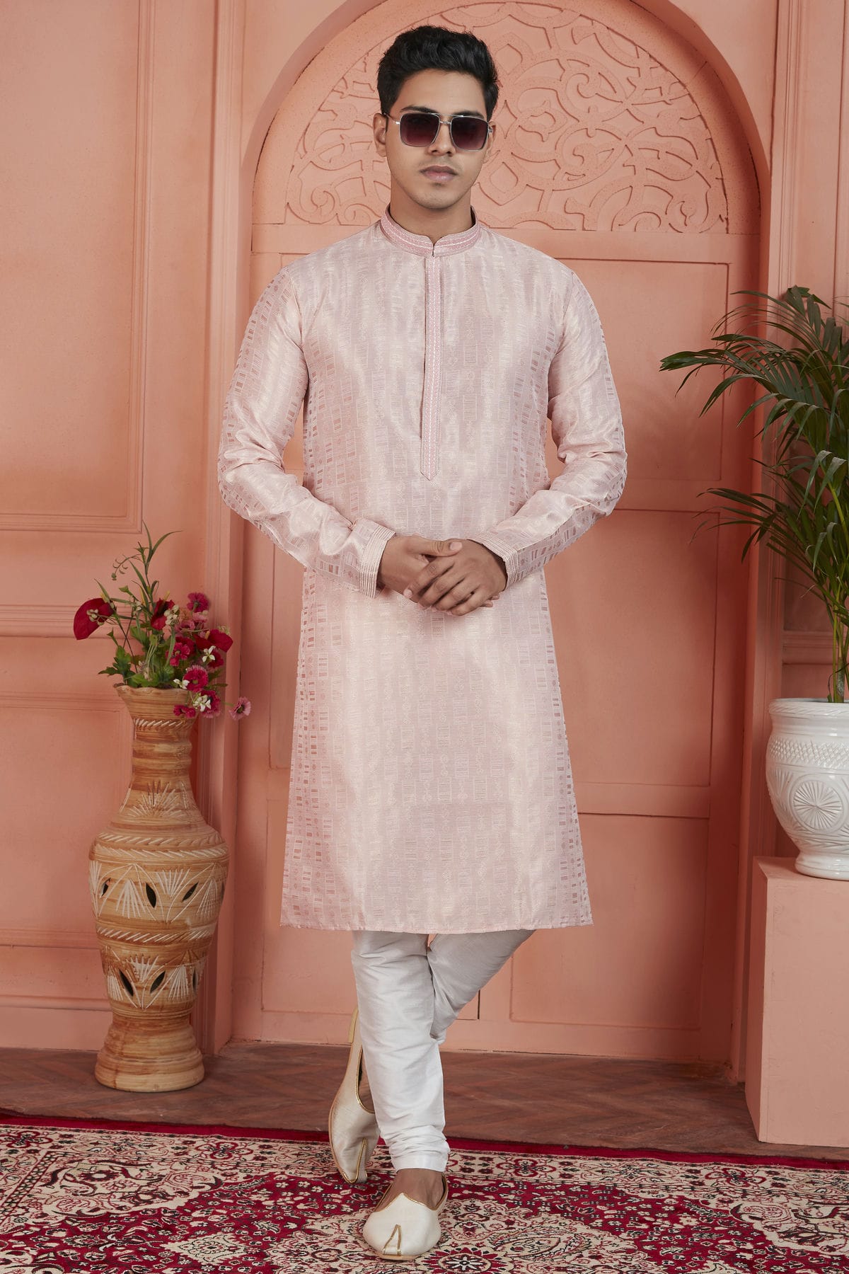 Peach Colour Jacquard Silk Brocade Kurta Pajama VSKP1230228