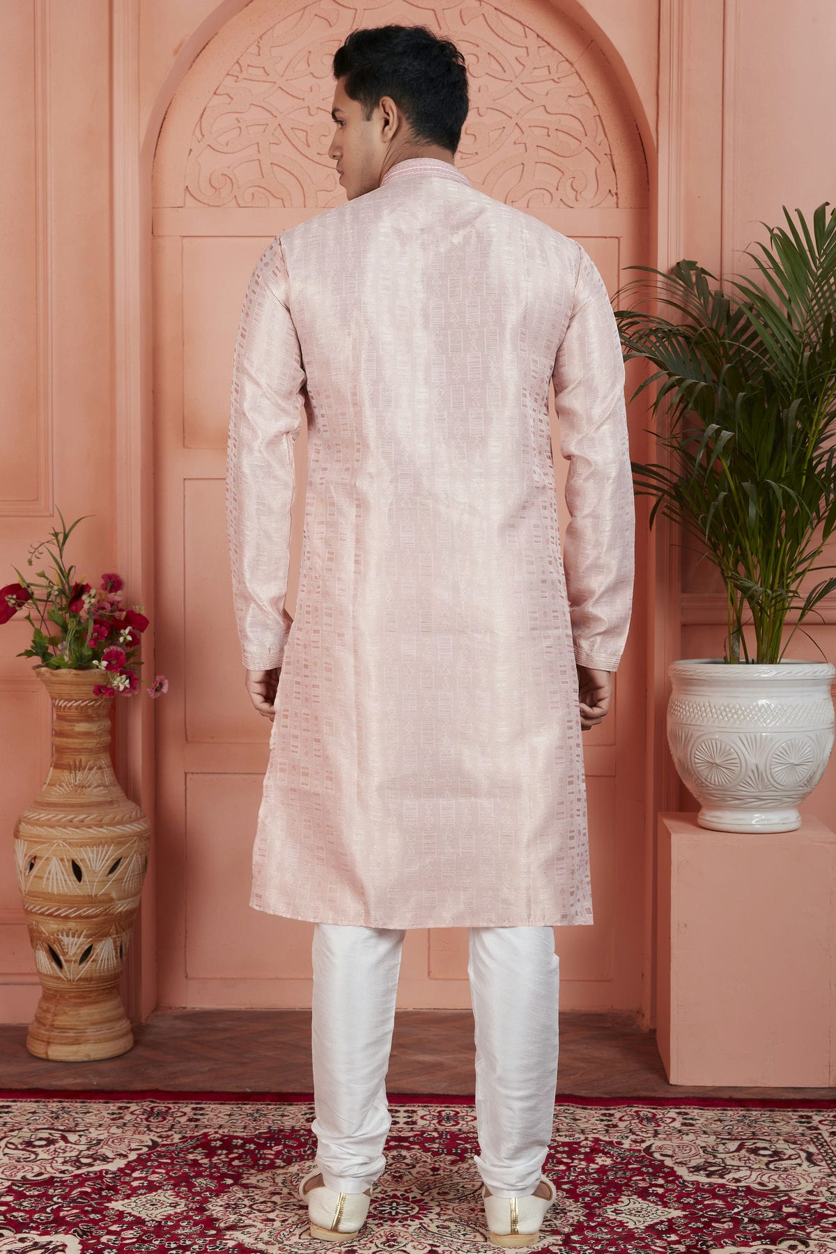 Peach Colour Jacquard Silk Brocade Kurta Pajama VSKP1230228