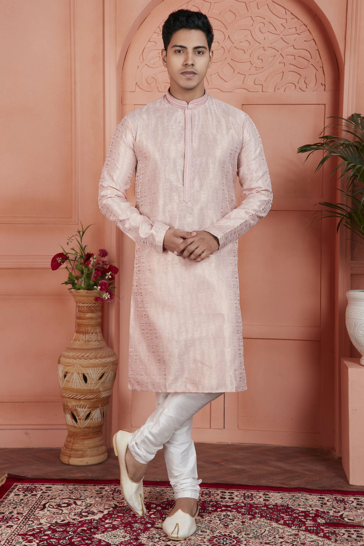 Peach Colour Jacquard Silk Brocade Kurta Pajama