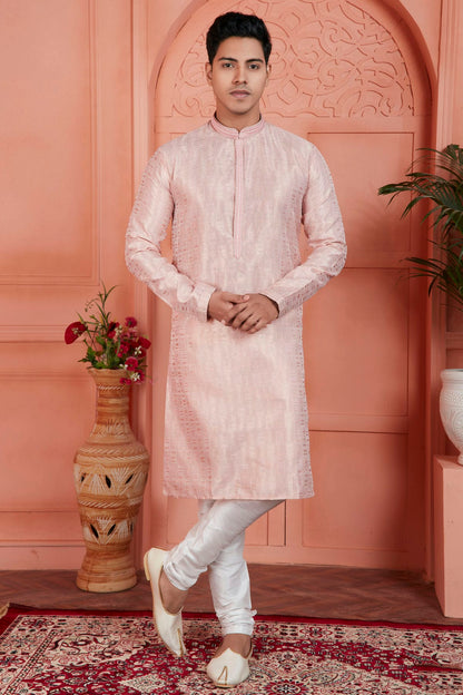 Peach Colour Jacquard Silk Brocade Kurta Pajama