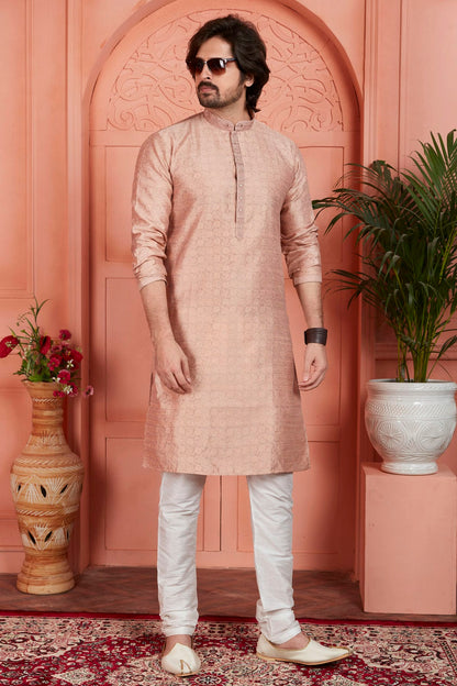 Peach Colour Jacquard Silk Brocade Kurta Pajama VSKP1230231