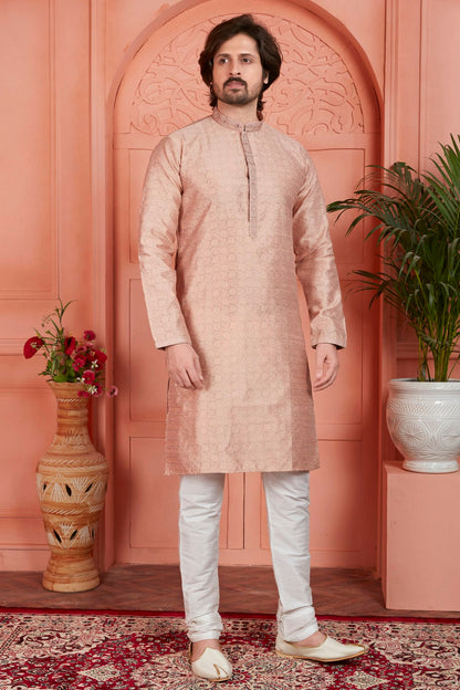 Peach Colour Jacquard Silk Brocade Kurta Pajama