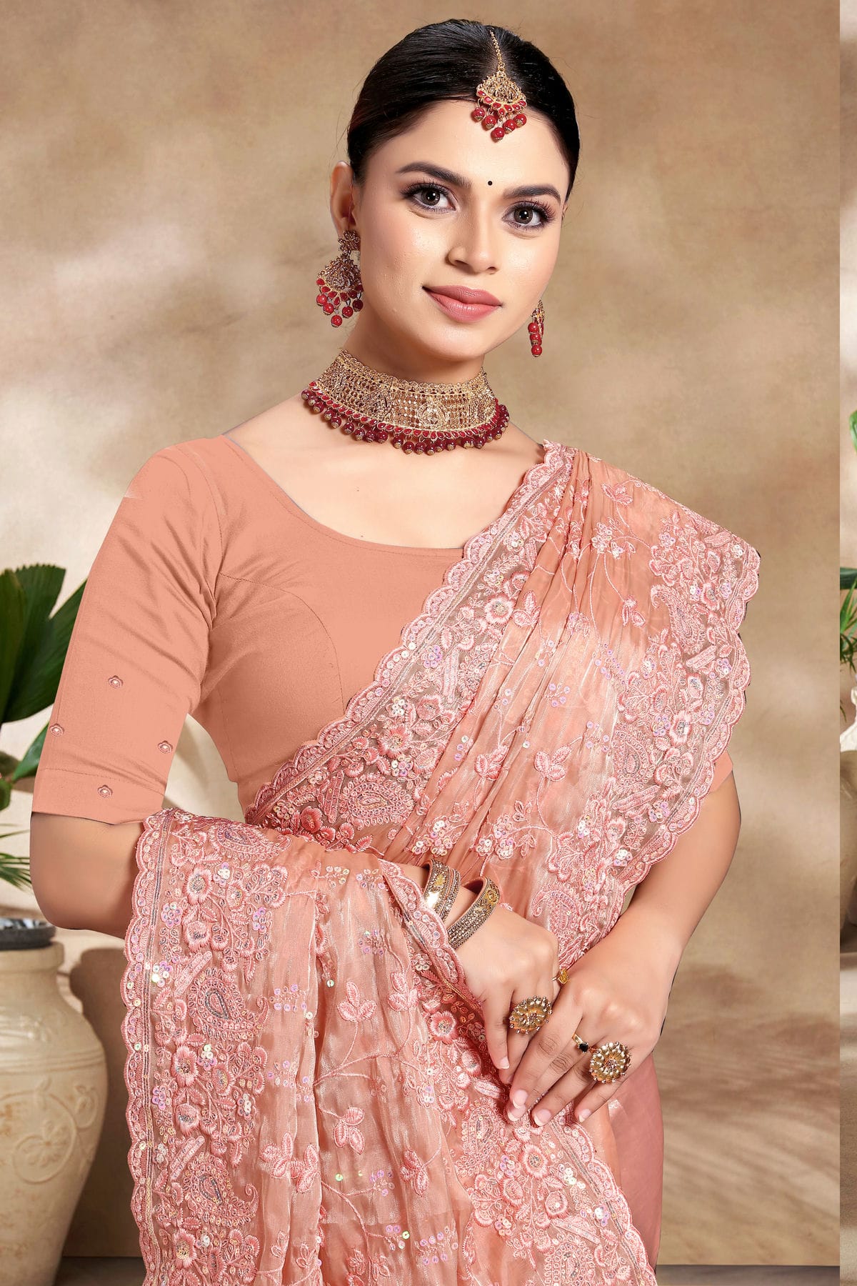 Peach Colour Jimmy Choo Silk Designer Saree