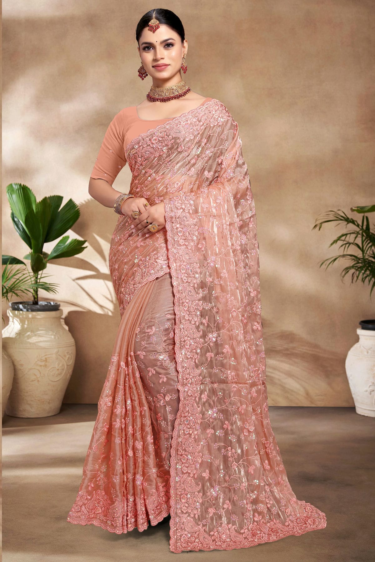 Peach Colour Jimmy Choo Silk Designer Saree