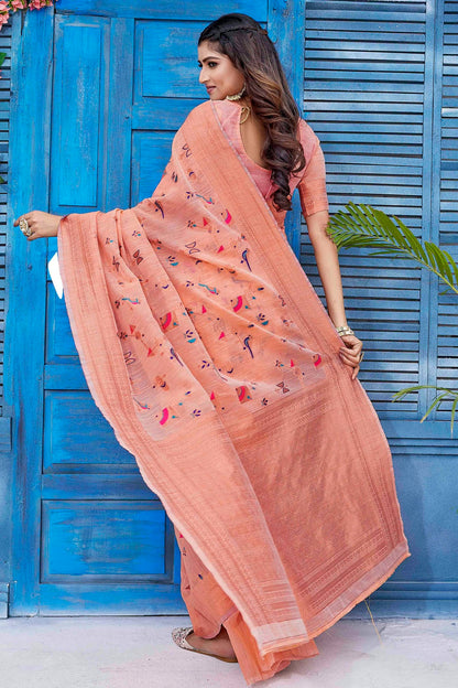 Peach Colour Linen Traditional Saree